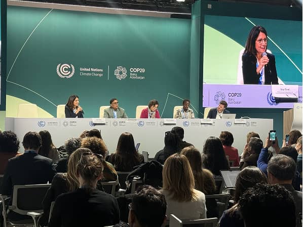 Mission 2025 press conference at COP29 in Baku with Ana Toni, Avinash Persaud, Joshua Amponsem and Maria Mendiluce, attended by 150 journalists.