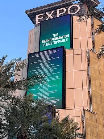 ‘The Transformation is Unstoppable’ letter supported by 2,000+ signatories shown at the COP28 conference venue.