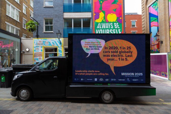 Mission 2025 advertising at London Climate Action Week (2024) on electric vans, targeting decision makers in the UK. With Mediabounty.com